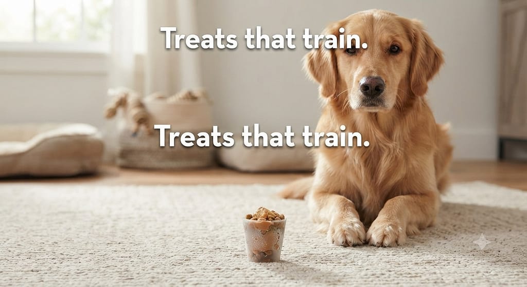 Dog waiting for treat photo Dog in "wait" pose, frozen treat nearby. Text: "Treats that train."