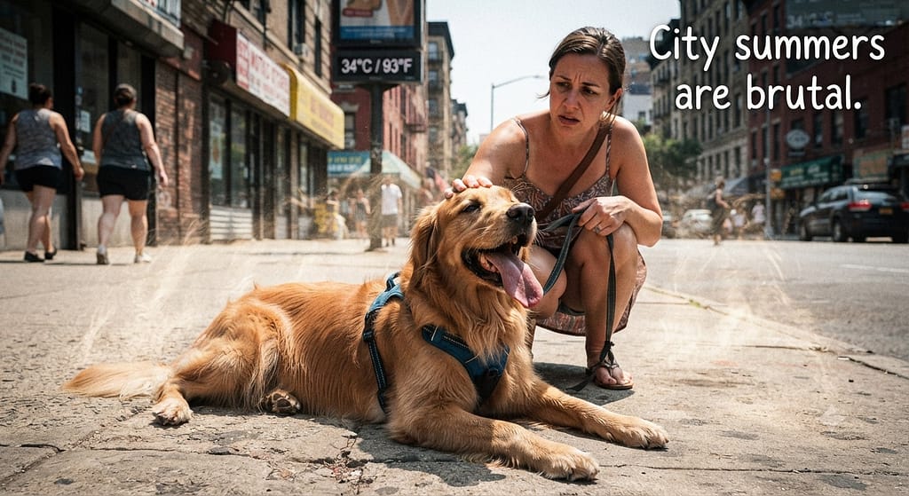 Relatable "hot dog" photo Dog panting on city sidewalk, heat waves visible, owner concerned. Text: "City summers are brutal."