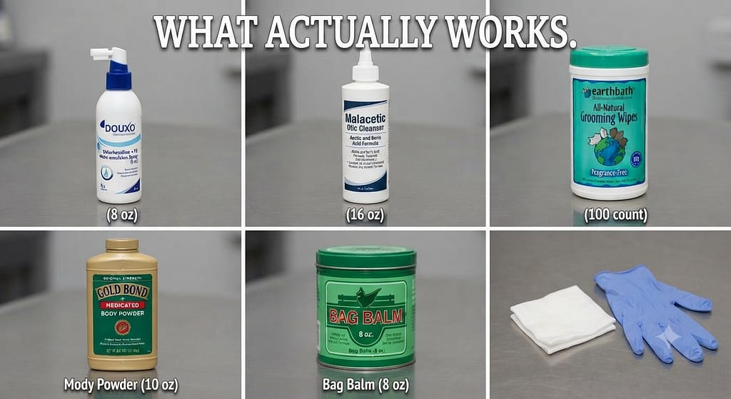Product grid Duoxo, Malacetic, Earthbath wipes, Gold Bond powder, Bag Balm. Text: "What actually works."
