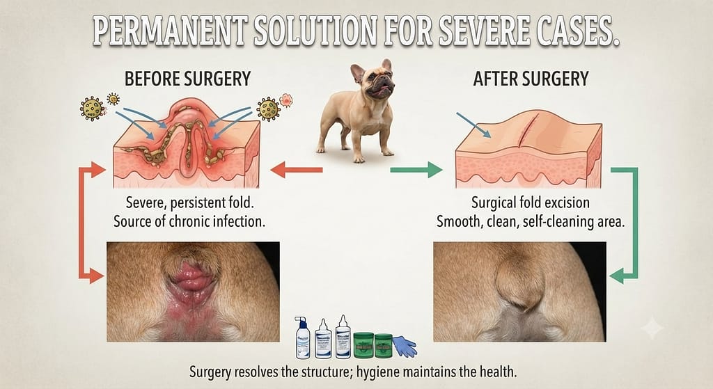 Surgery education graphic Fold removal surgery (facelift). Text: "Permanent solution for severe cases."