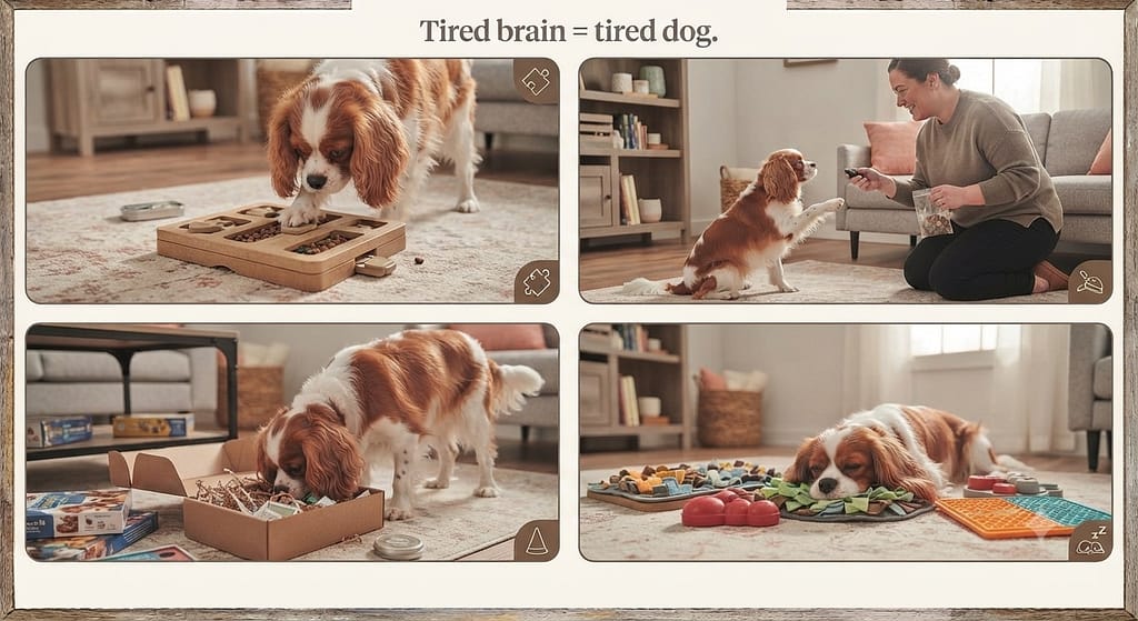 Mental enrichment collage Food puzzles, training sessions, nosework. Text: "Tired brain = tired dog."