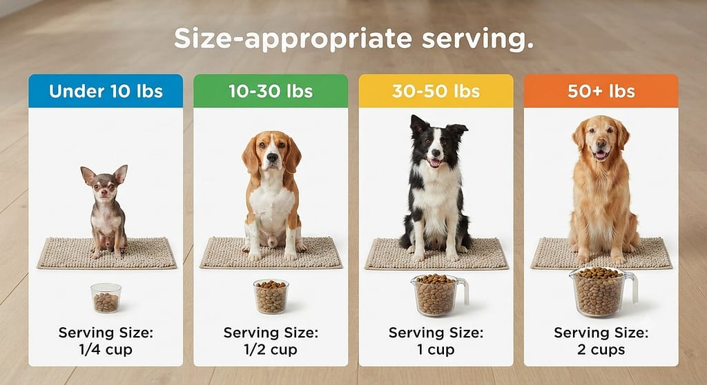 Size comparison chart Four dogs (under 10 lbs, 10-30, 30-50, 50+) with treat portions. Text: "Size-appropriate serving."