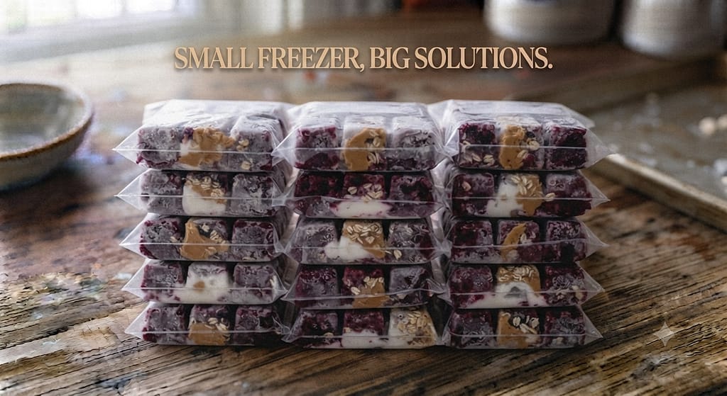 Stacked ice cube bags photo Freezer bags of frozen cubes stacked neatly. Text: "Small freezer, big solutions."