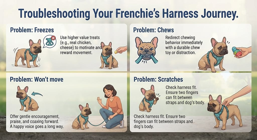 Problem/solution grid Freezes → higher value treats / Chews → distraction / Won't move → gentle encouragement / Scratches → check fit.