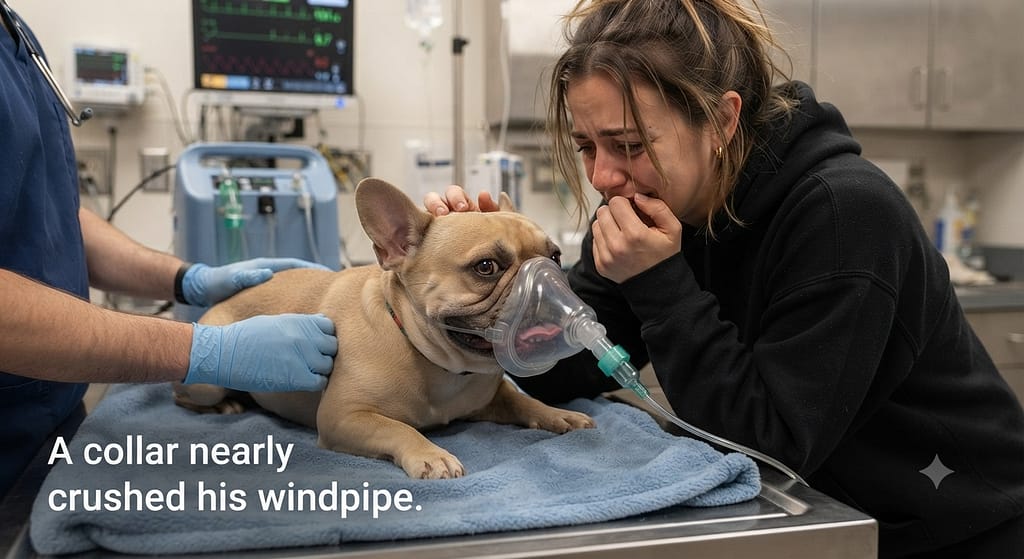 Emotional "crisis" photo Frenchie at emergency vet, worried owner, oxygen mask visible. Text: "A collar nearly crushed his windpipe."