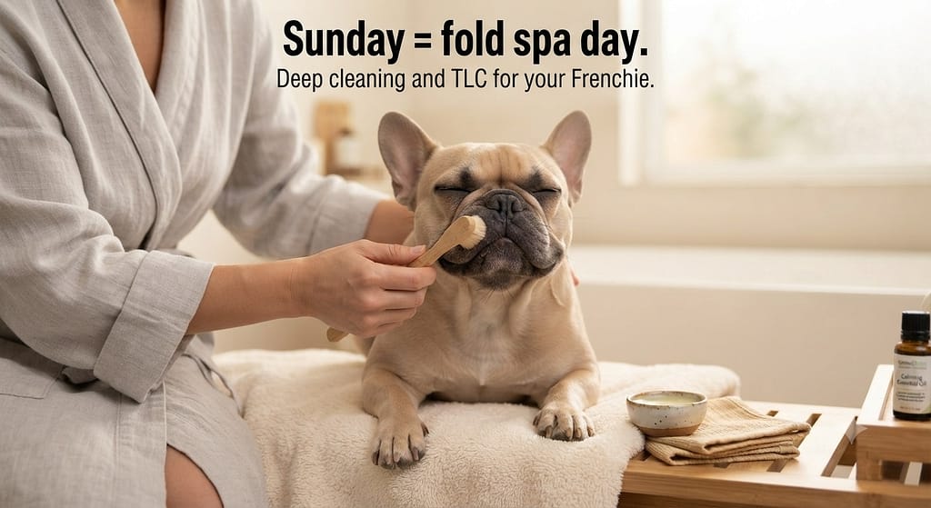 Weekly spa day photo Frenchie enjoying gentle cleaning, soft brush visible. Text: "Sunday = fold spa day."