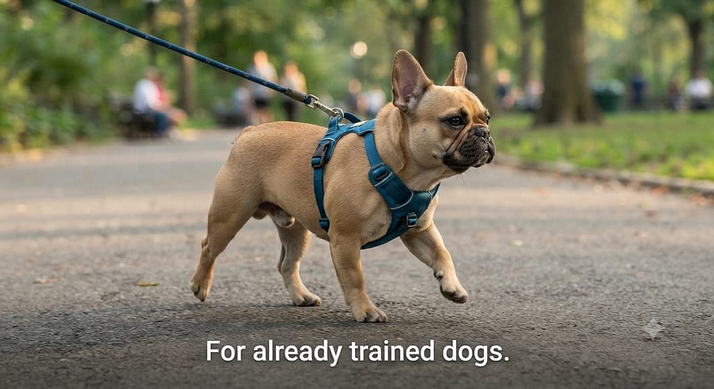 Back-clip action photo Frenchie in back-clip harness, leash between shoulders. Text: "For already trained dogs."