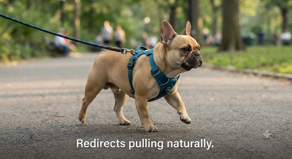 Front-clip action photo Frenchie in front-clip harness, leash at chest. Text: "Redirects pulling naturally."