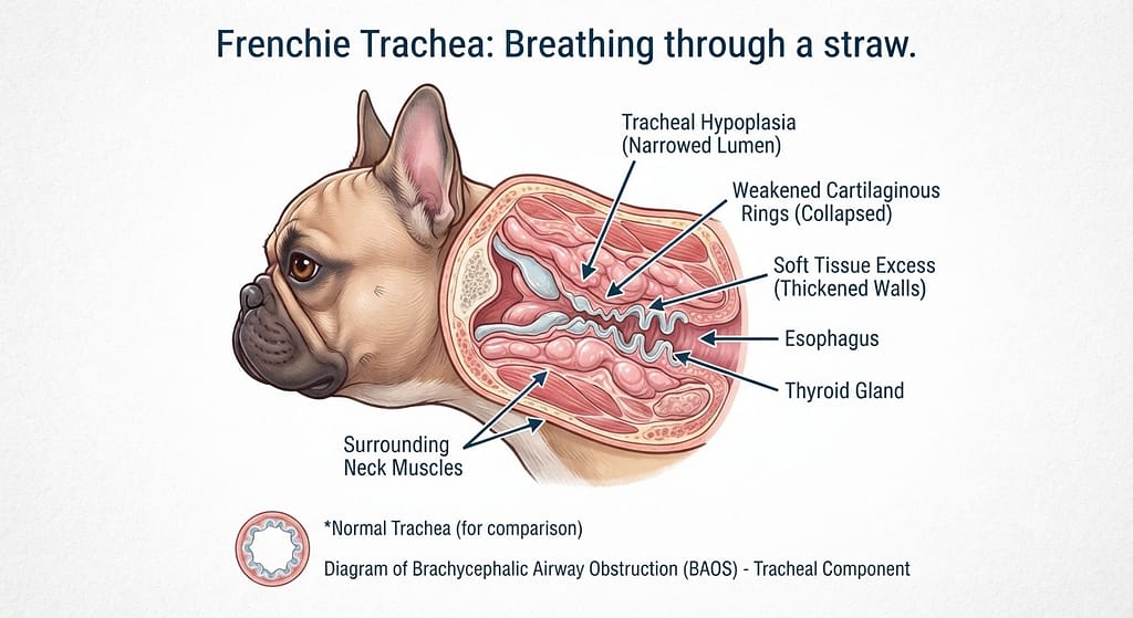 Frenchie trachea diagram Cross-section of Frenchie neck showing: tracheal hypoplasia, soft tissue excess, weakened cartilage. Text: "Breathing through a straw."