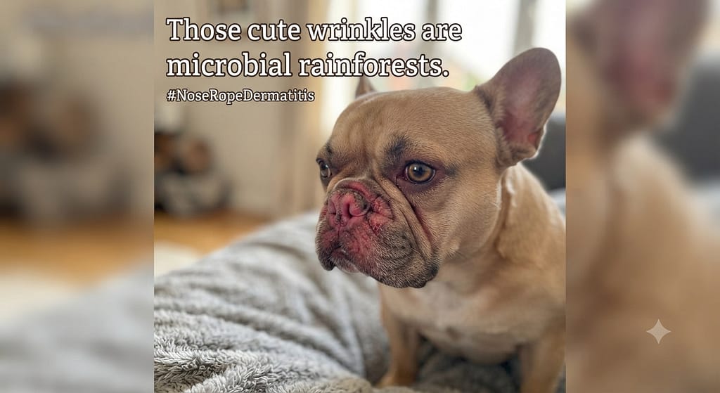 Emotional "problem" photo Frenchie with red, irritated nose rope, sad expression. Text: "Those cute wrinkles are microbial rainforests."