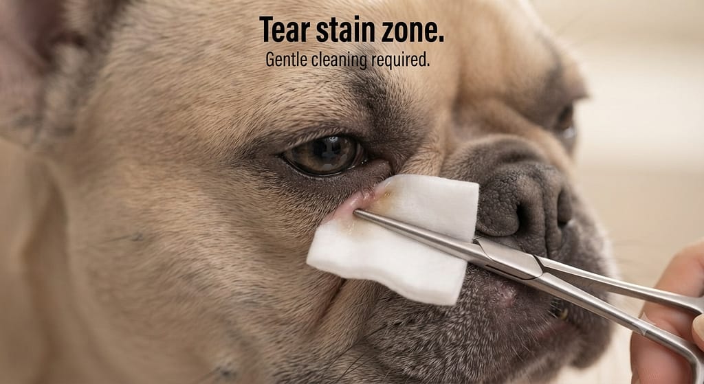 Eye fold cleaning close-up Gentle wipe from inner eye corner outward. Text: "Tear stain zone."