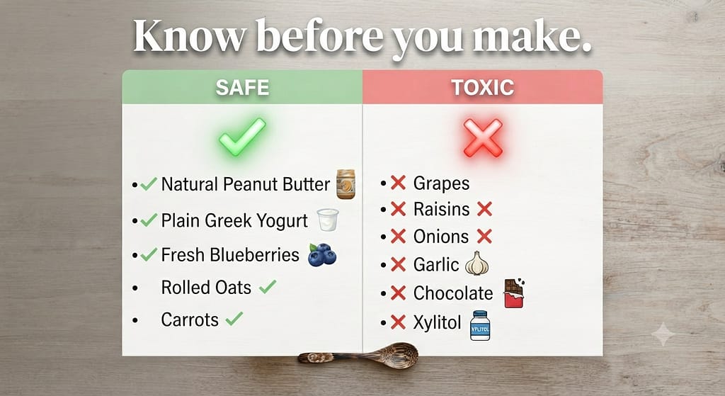 Safe vs. Toxic comparison grid Green checkmark safe items vs Red X toxic items. Text: "Know before you make."