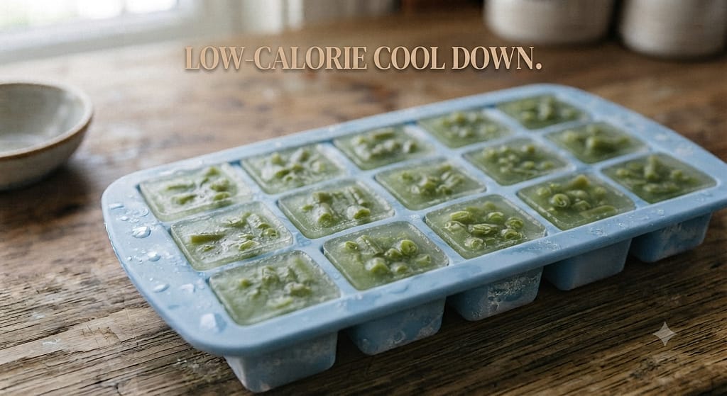 Green bean cubes photo Green-tinted cubes with visible bean pieces. Text: "Low-calorie cool down."
