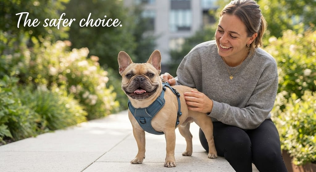 Aspirational hero photo Happy Frenchie comfortably wearing a well-fitted harness, owner smiling. Text: "The safer choice."