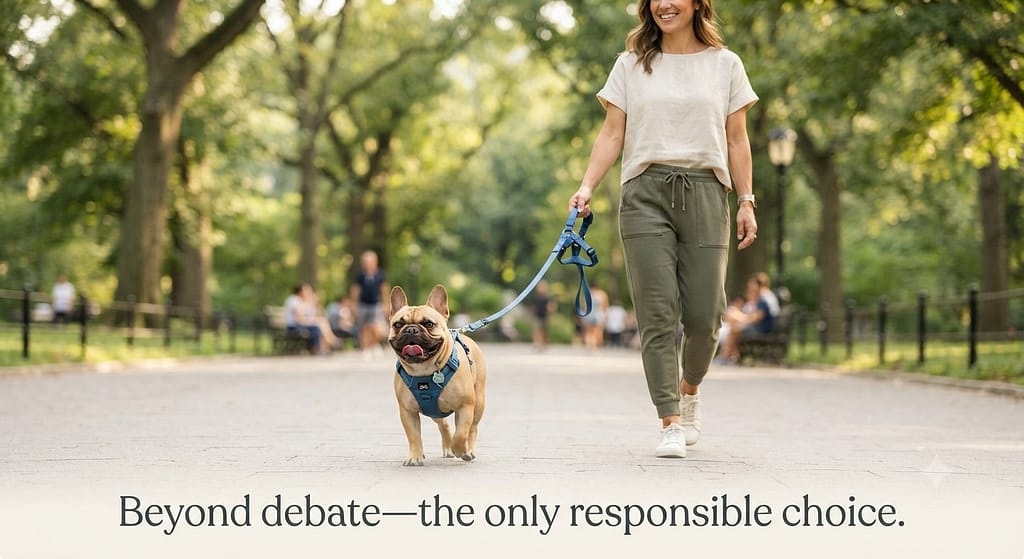 Happy Frenchie in harness, owner walking confidently, both relaxed. Text: "Beyond debate—the only responsible choice."