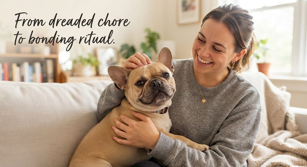 Happy Frenchie with clean folds, owner smiling, both relaxed. Text: "From dreaded chore to bonding ritual."