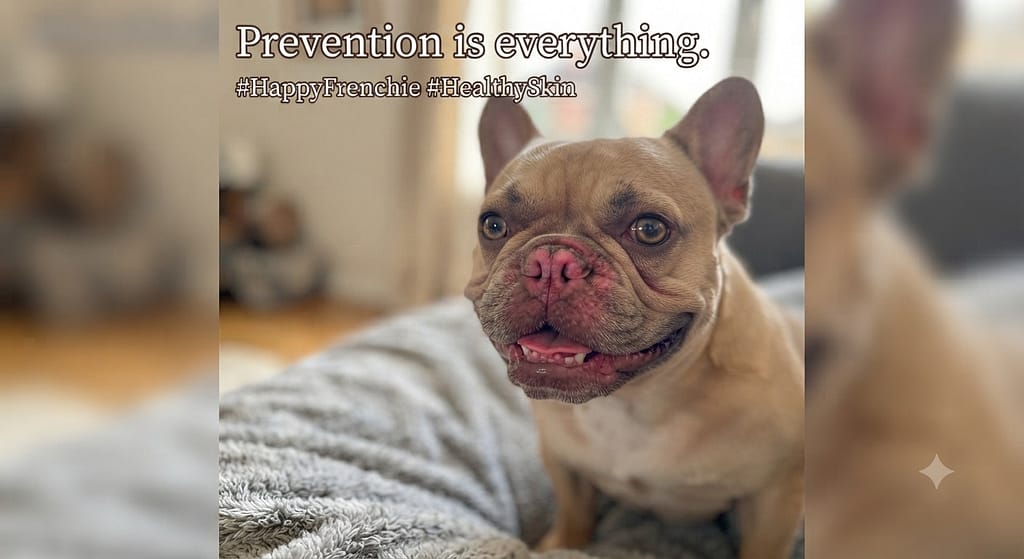 Aspirational hero photo Happy Frenchie with clean, pink folds, healthy smile. Text: "Prevention is everything."