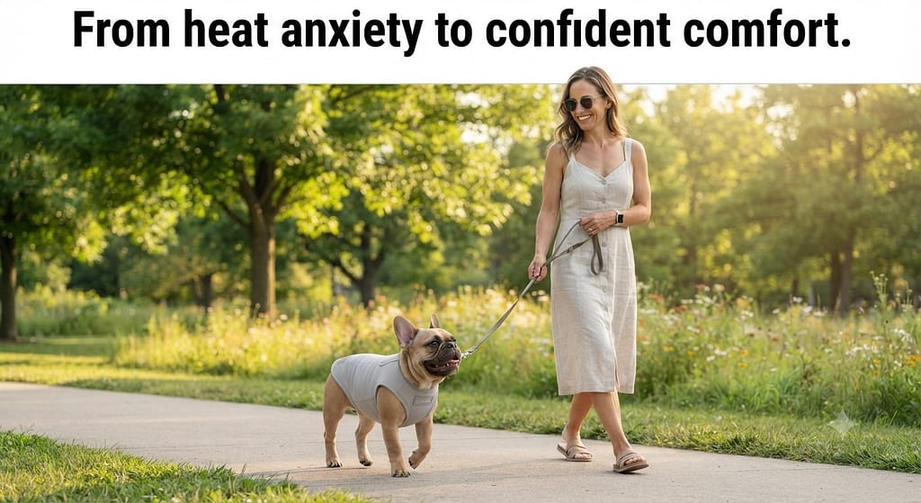 Happy Frenchie with cooling vest, owner confident, both enjoying summer. Text: "From heat anxiety to confident comfort."