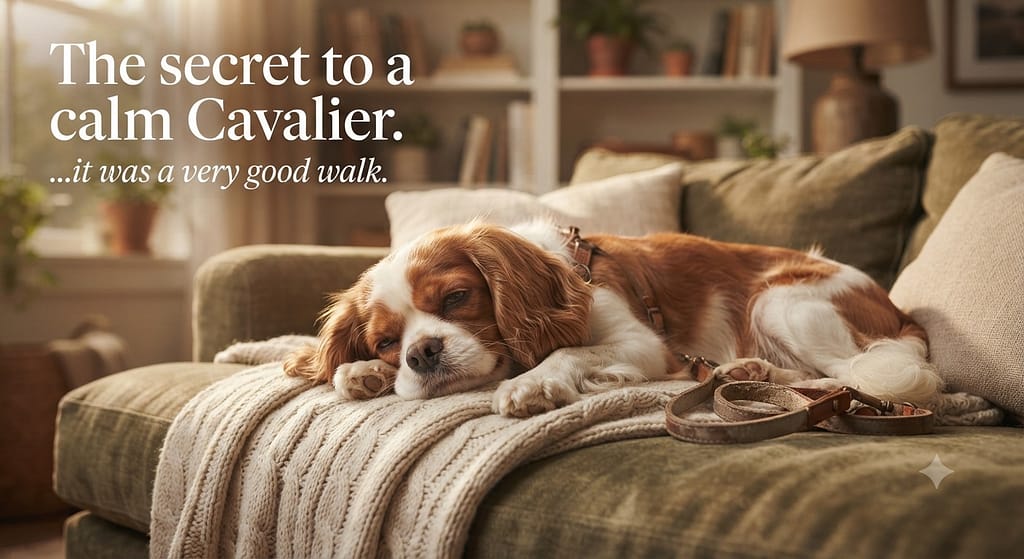 Aspirational hero photo Happy, tired Cavalier lounging on couch after a good walk, content expression. Text: "The secret to a calm Cavalier."