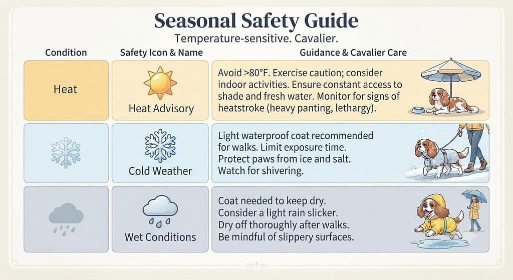 Seasonal safety icons ☀️ Heat (avoid >80°F) / ❄️ Cold (light waterproof coat) / 🌧️ Rain (coat). Text: "Temperature-sensitive."