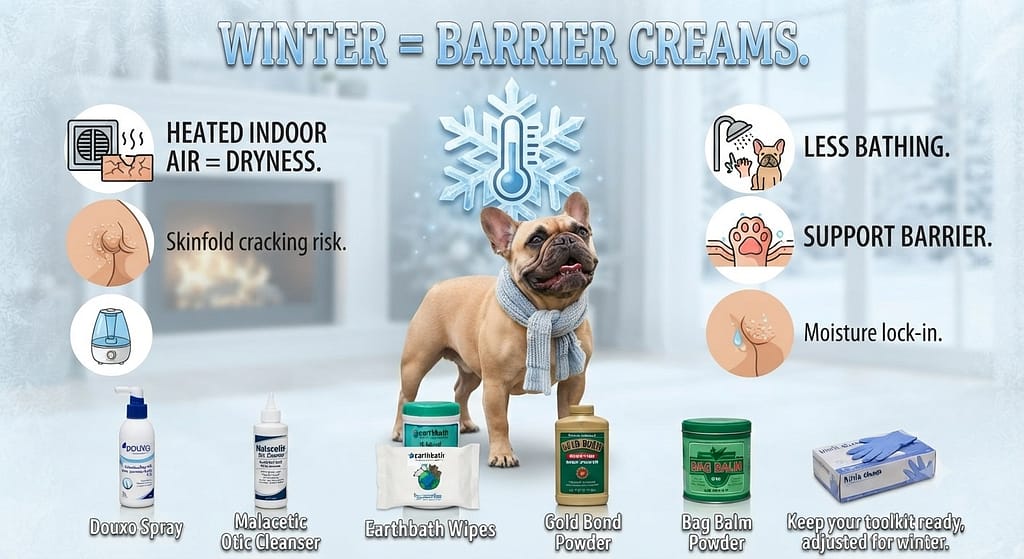 Winter dry air graphic ❄️ Heated indoor air, less bathing. Text: "Winter = barrier creams."