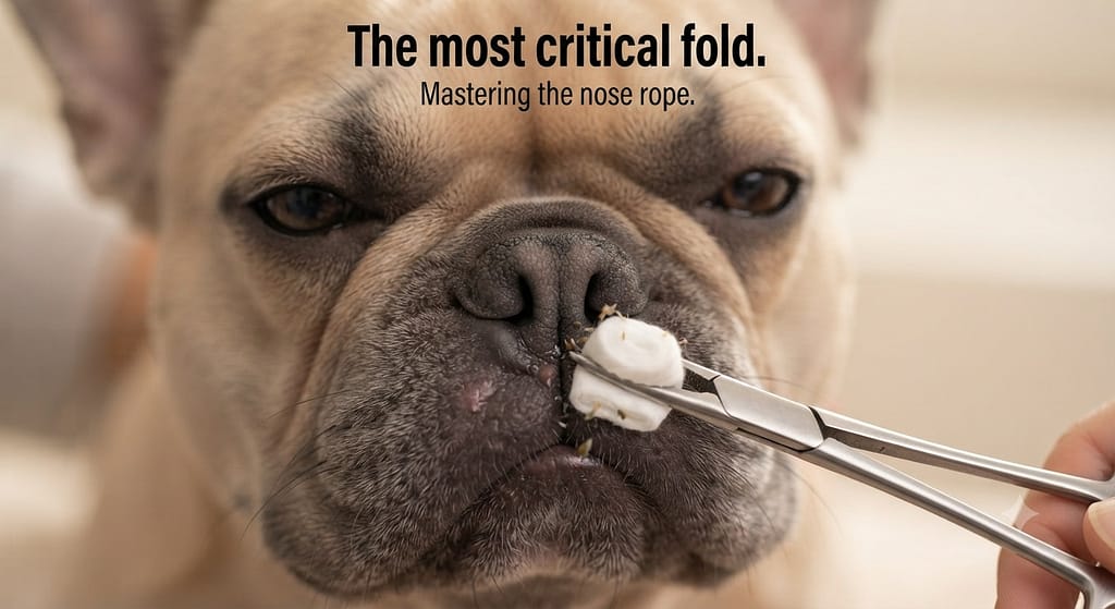 Nose rope cleaning close-up Hemostat with cotton pad cleaning deep nose rope. Text: "The most critical fold."