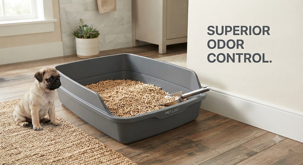 Litter box with pellets photo High-sided tray with absorbent pellets. Text: "Superior odor control."