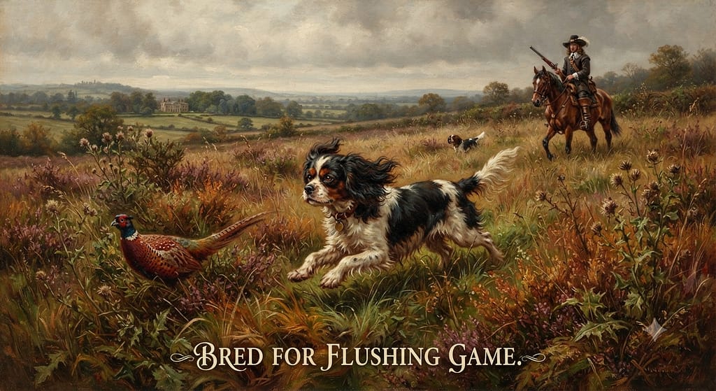 Cavalier field hunting photo Historical or illustrative image of Cavalier in field/grass. Text: "Bred for flushing game."