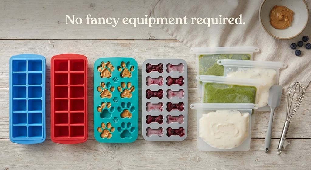 Toolkit flat lay Ice cube trays, silicone molds (paw/bone shapes), reusable pouches. Text: "No fancy equipment required."