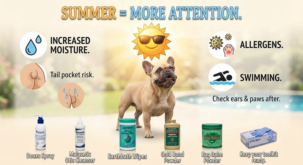 Summer humidity graphic 🌞 Increased moisture, allergens, swimming. Text: "Summer = more attention."