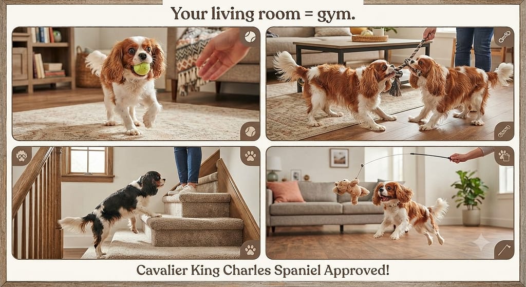 Indoor play collage Fetch, tug-of-war, stair workouts, flirt pole. Text: "Your living room = gym."