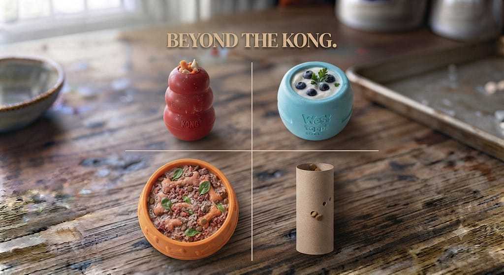 Toy collection grid Kong, West Paw Toppl, Sodapup Recess Bowl, cardboard tube. Text: "Beyond the Kong."