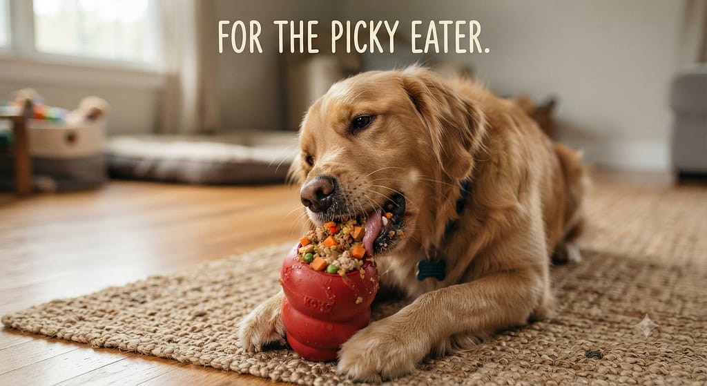 Savory Kong photo Kong with savory filling. Text: "For the picky eater."