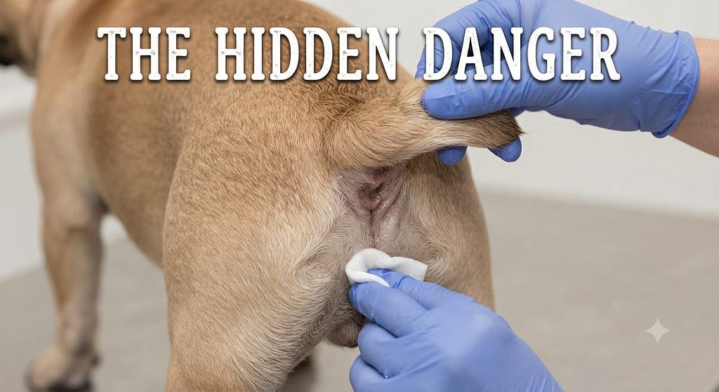 Tail pocket cleaning photo Lifting tail to reveal fold beneath. Text: "The hidden danger."