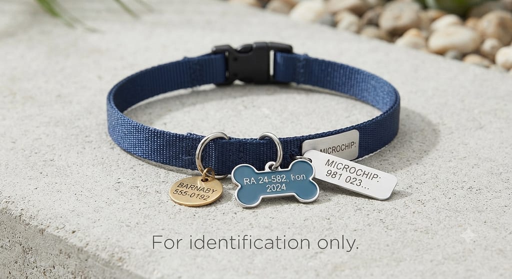 ID collar only photo Lightweight collar with tags, no leash attached. Text: "For identification only."