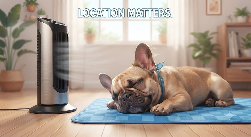 Mat placement photo Mat in front of fan, Frenchie enjoying. Text: "Location matters."