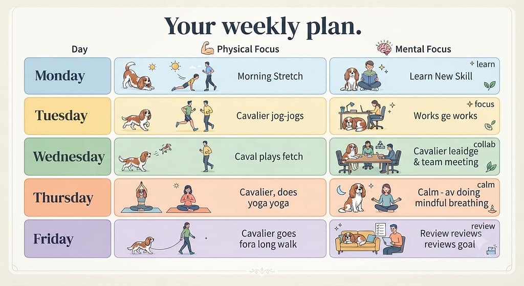 Weekly calendar graphic Monday-Friday with Physical Focus and Mental Focus columns. Text: "Your weekly plan."