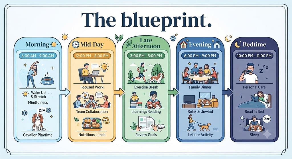 Daily schedule infographic Morning, Mid-Day, Late Afternoon, Evening, Bedtime with time blocks and icons. Text: "The blueprint."