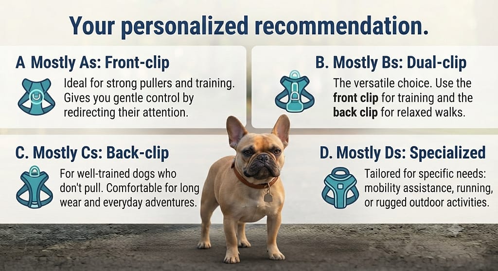 Quiz results graphic Mostly As: Front-clip / Mostly Bs: Dual-clip / Mostly Cs: Back-clip / Mostly Ds: Specialized. Text: "Your personalized recommendation."