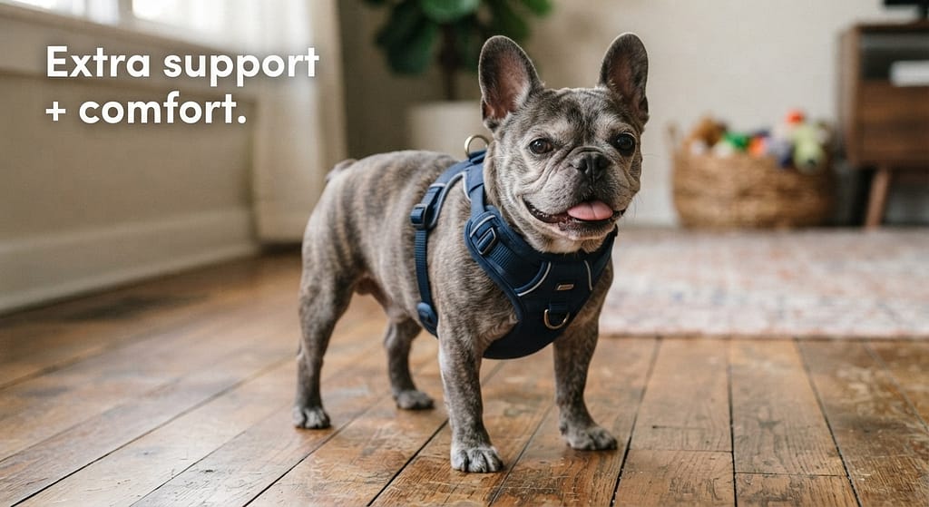 Senior Frenchie with harness photo Older Frenchie in padded harness. Text: "Extra support + comfort."