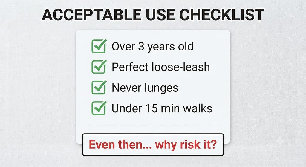 Acceptable use checklist Over 3 years old, perfect loose-leash, never lunges, under 15 min walks. Text: "Even then... why risk it?"