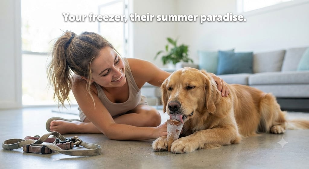 "After" hero photo Owner and dog relaxing on cool floor after hot walk, frozen treat in progress. Content, cool, bonded. Text: "Your freezer, their summer paradise."