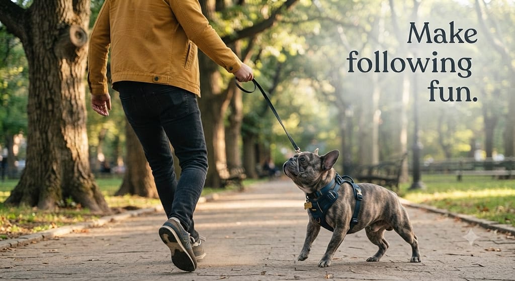 Direction change action photo Owner changing direction, Frenchie following. Text: "Make following fun."