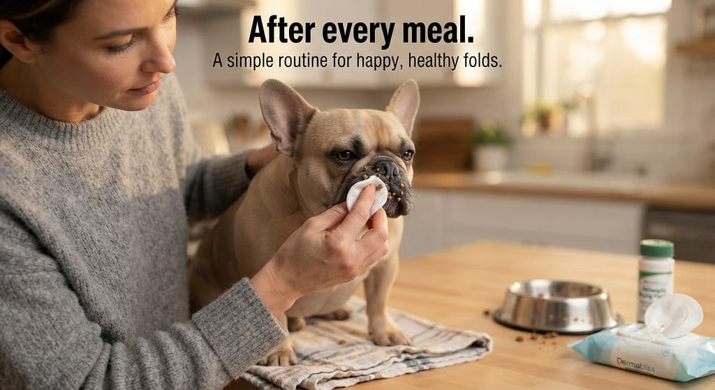 Evening cleaning photo Owner cleaning Frenchie's folds after dinner, food particles visible. Text: "After every meal."