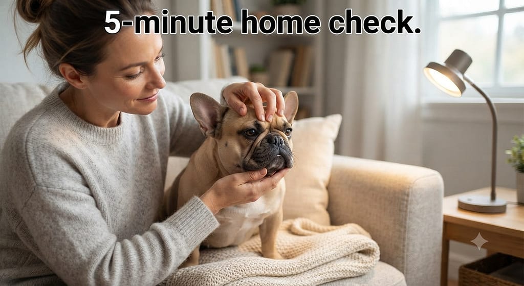 Fold health assessment hero photo Owner gently examining Frenchie's folds, lamp visible. Text: "5-minute home check."