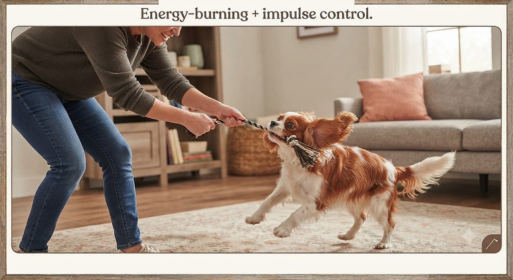 Tug action photo Owner playing tug with Cavalier. Text: "Energy-burning + impulse control."