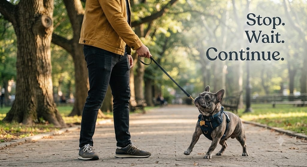 Be a tree action photo Owner stopping when Frenchie pulls, waiting for loose leash. Text: "Stop. Wait. Continue."