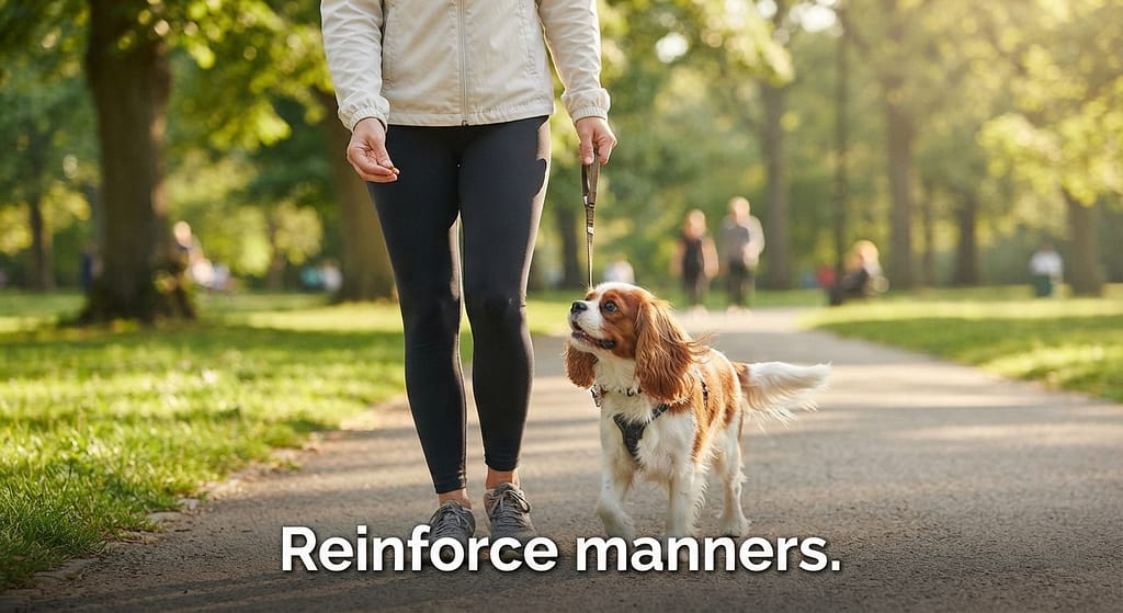 Training walk action photo Owner training Cavalier "heel" on walk, treat in hand. Text: "Reinforce manners."
