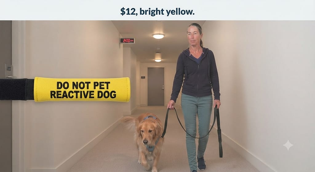 Reactive dog management photo Owner with "Do Not Pet" leash sleeve, walking at off-peak hours. Text: "$12, bright yellow."