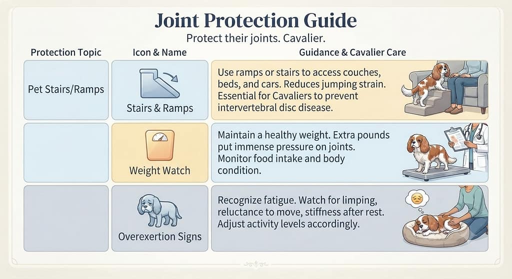 Joint protection icons Pet stairs/ramps / Weight watch / Overexertion signs. Text: "Protect their joints."